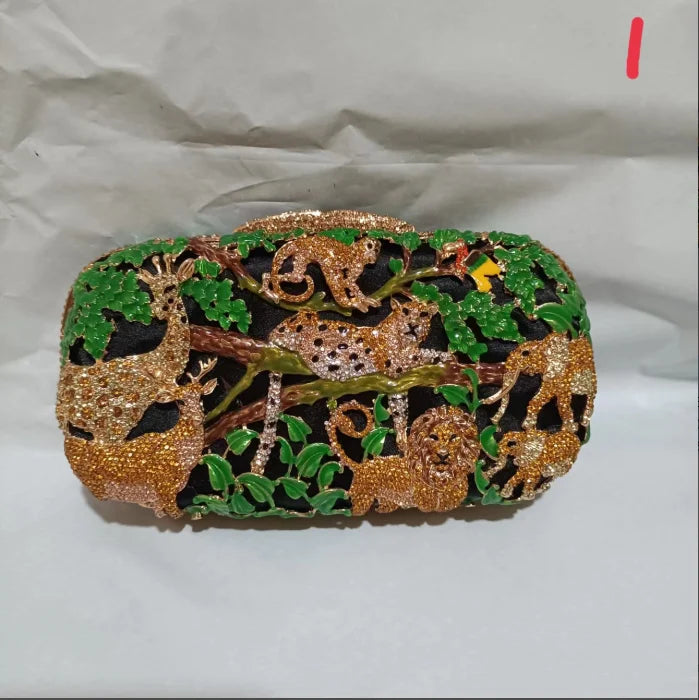 Woman Colorful Diamond Forest Evening Purse Dinner Cocktail Prom Animal Handbag Wedding Bridal Party Crystal Stone Clutch Bag