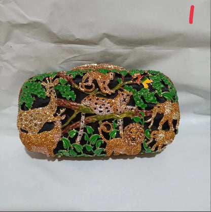 Woman Colorful Diamond Forest Evening Purse Dinner Cocktail Prom Animal Handbag Wedding Bridal Party Crystal Stone Clutch Bag
