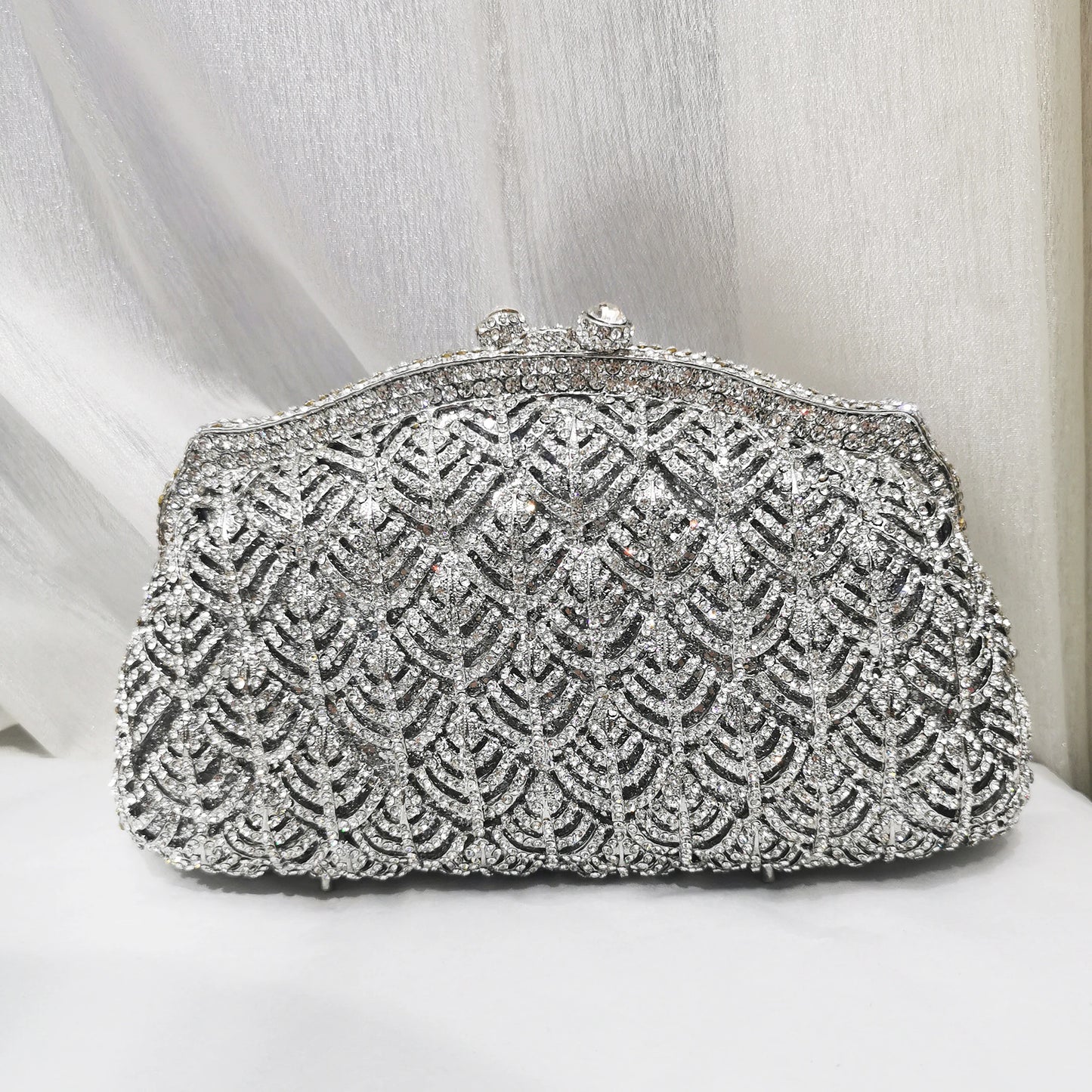 Woman Crystal Rhinestone Dinner Party Leaves Evening Bag Hollow Out Fashion Silver Handbag Wedding Bridal Gala Diamond Purse