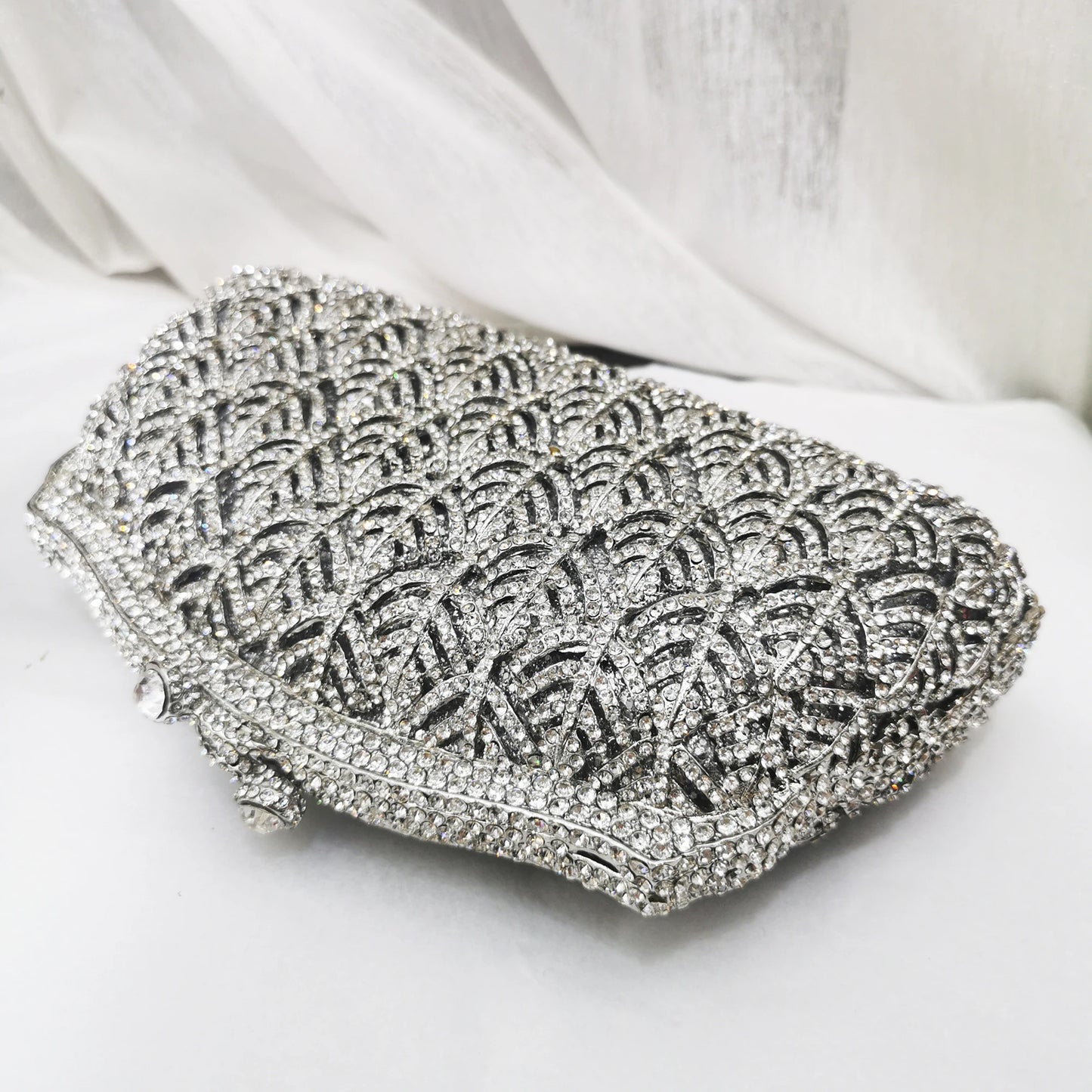 Woman Crystal Rhinestone Dinner Party Leaves Evening Bag Hollow Out Fashion Silver Handbag Wedding Bridal Gala Diamond Purse