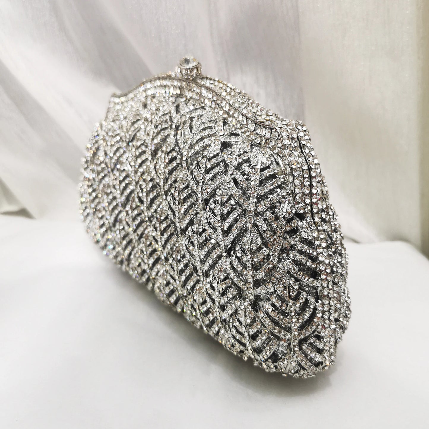 Woman Crystal Rhinestone Dinner Party Leaves Evening Bag Hollow Out Fashion Silver Handbag Wedding Bridal Gala Diamond Purse