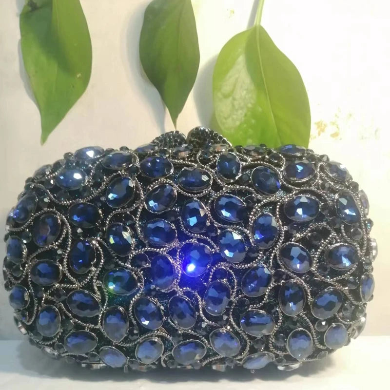 Woman Dard Blue Crystal Dinner Evening Bag New Arrival Hollow Diamond Party Purse Wedding Bridal Banquet Birthday Prom Handbag