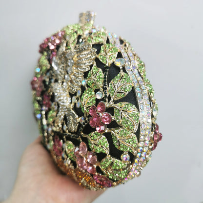 Woman Forest Bird Colorful Diamond Handbag Crystal Stone Hollow Out Wedding Bridal Evening Bag Party Dinner Prom Cocktail Purse