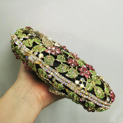 Woman Forest Bird Colorful Diamond Handbag Crystal Stone Hollow Out Wedding Bridal Evening Bag Party Dinner Prom Cocktail Purse