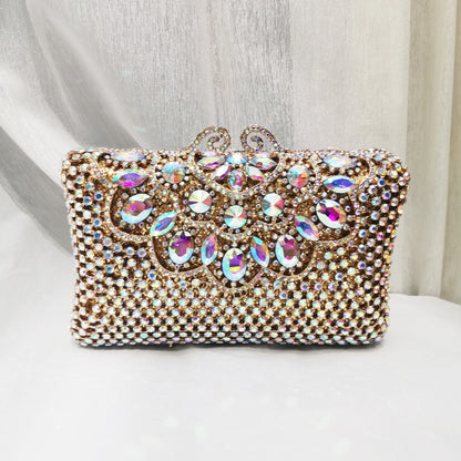 Woman Gold AB Crystal Dinner Party Evening Bag Cocktail Prom Female Hollow Floral Handbag Wedding Bridal Flower Diamond Purse