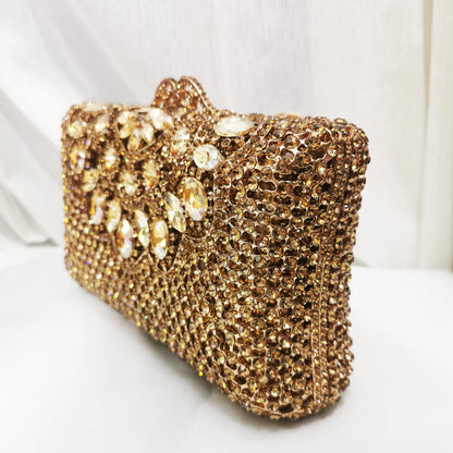 Woman Gold AB Crystal Dinner Party Evening Bag Cocktail Prom Female Hollow Floral Handbag Wedding Bridal Flower Diamond Purse