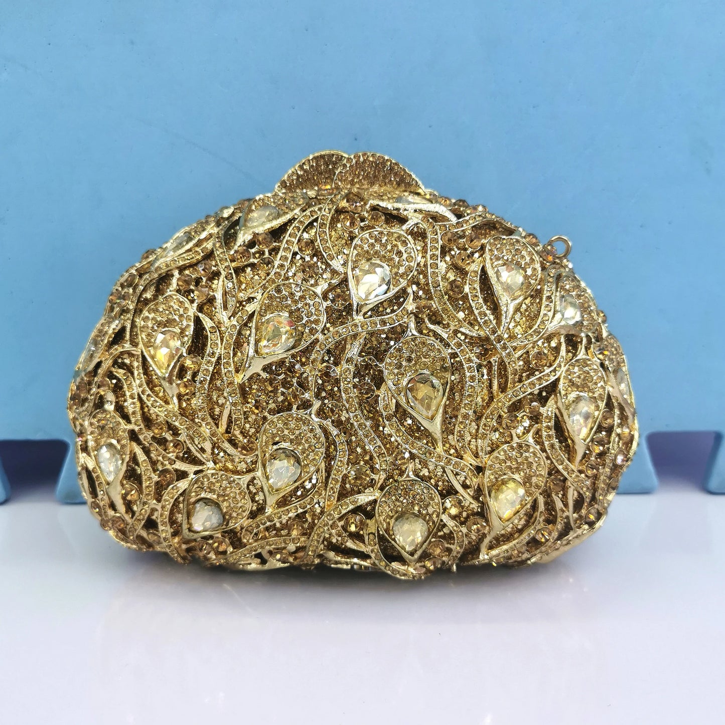 Woman Gold AB Multicolores Diamond Feather Prom Purse Bridal Dinner Crystal Stone Fmale Evening Handbag Wedding Party Clutch Bag