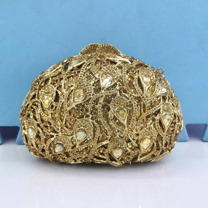 Woman Gold AB Multicolores Diamond Feather Prom Purse Bridal Dinner Crystal Stone Fmale Evening Handbag Wedding Party Clutch Bag