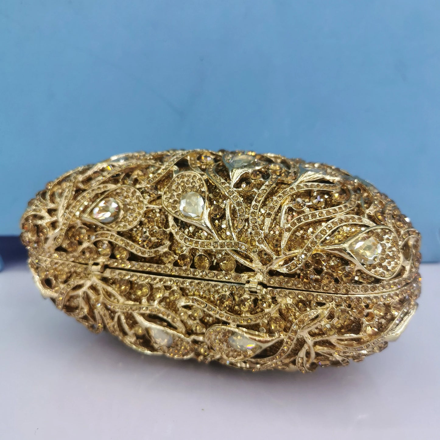 Woman Gold AB Multicolores Diamond Feather Prom Purse Bridal Dinner Crystal Stone Fmale Evening Handbag Wedding Party Clutch Bag