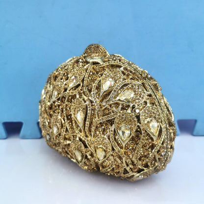 Woman Gold AB Multicolores Diamond Feather Prom Purse Bridal Dinner Crystal Stone Fmale Evening Handbag Wedding Party Clutch Bag