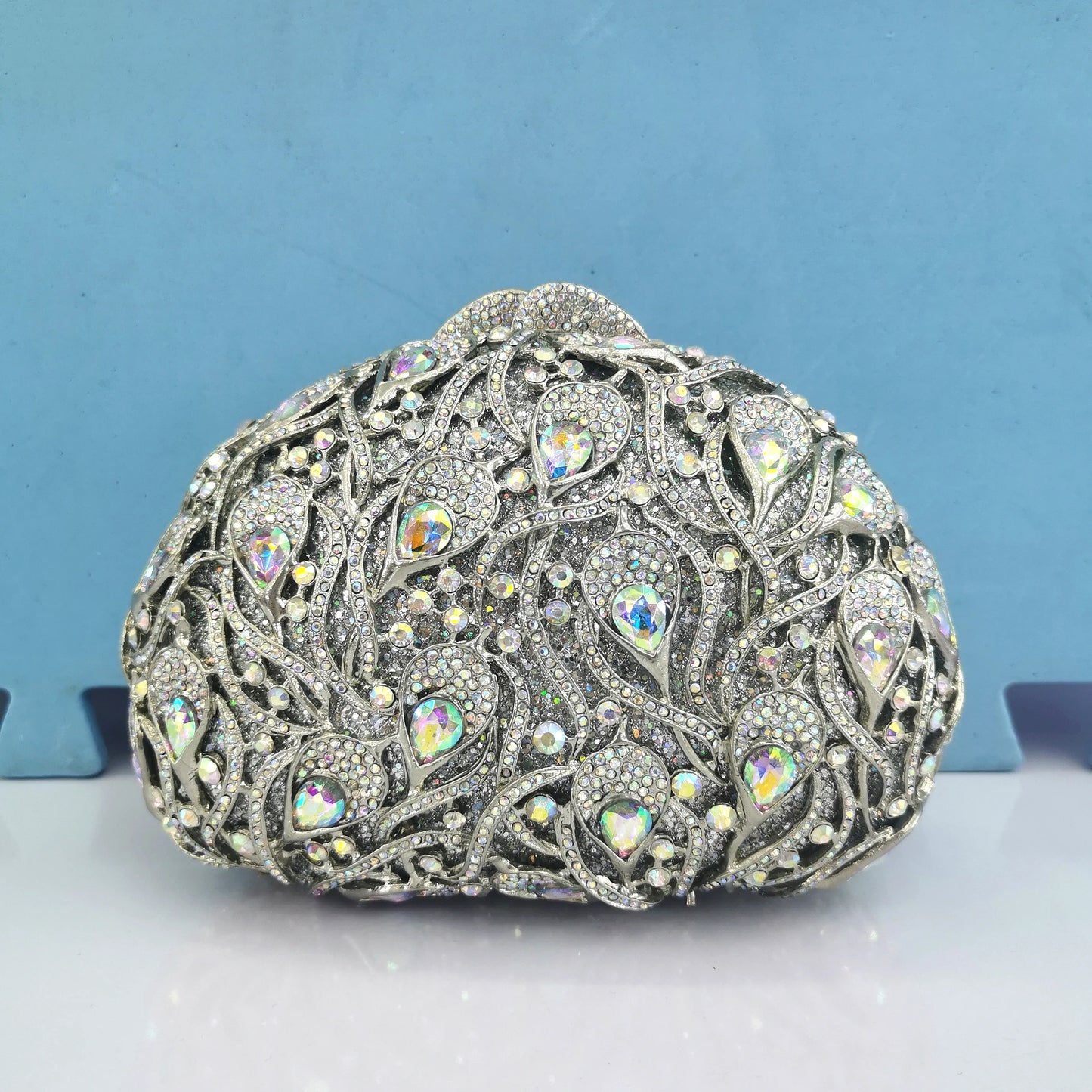 Woman Gold AB Multicolores Diamond Feather Prom Purse Bridal Dinner Crystal Stone Fmale Evening Handbag Wedding Party Clutch Bag