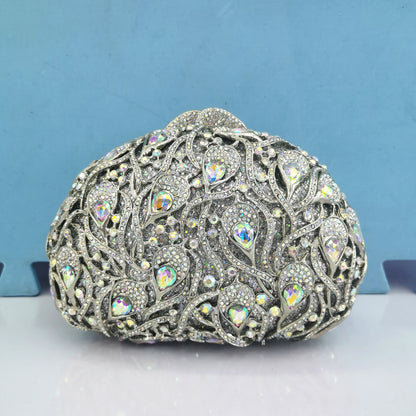 Woman Gold AB Multicolores Diamond Feather Prom Purse Bridal Dinner Crystal Stone Fmale Evening Handbag Wedding Party Clutch Bag