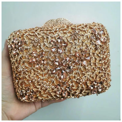Woman Gold Champagne Diamond Party Handbag Flower Crystal Evening Dinner Purse Wedding Bridal Banquet Floral Hollow Out Gift Bag