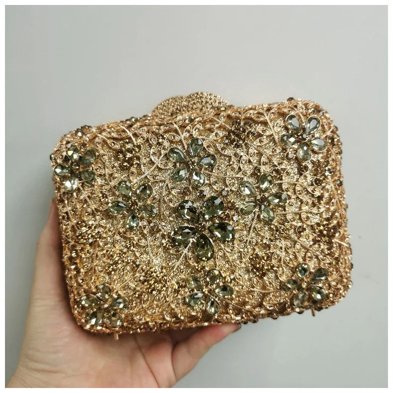Woman Gold Champagne Diamond Party Handbag Flower Crystal Evening Dinner Purse Wedding Bridal Banquet Floral Hollow Out Gift Bag