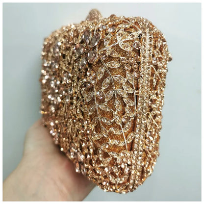 Woman Gold Champagne Diamond Party Handbag Flower Crystal Evening Dinner Purse Wedding Bridal Banquet Floral Hollow Out Gift Bag