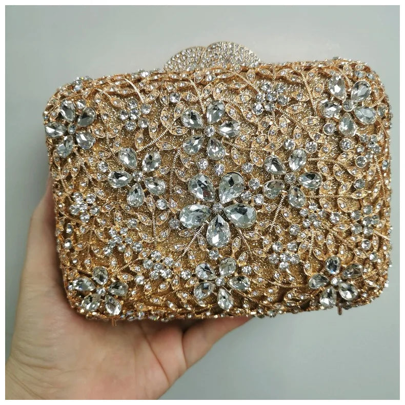 Woman Gold Champagne Diamond Party Handbag Flower Crystal Evening Dinner Purse Wedding Bridal Banquet Floral Hollow Out Gift Bag