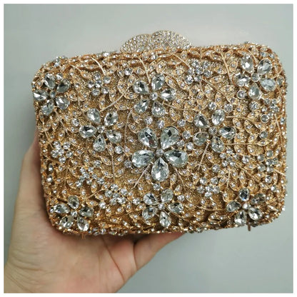 Woman Gold Champagne Diamond Party Handbag Flower Crystal Evening Dinner Purse Wedding Bridal Banquet Floral Hollow Out Gift Bag