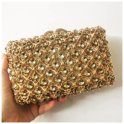 Woman Gold Champagne Elegant Diamond Party Handbag Hollow Out Crystal Stone Evening Purse Wedding Bridal Rhinestone Clutch Bag