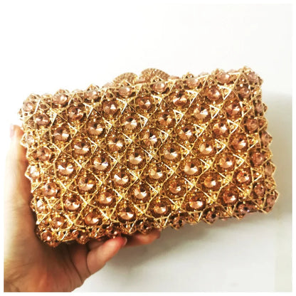 Woman Gold Champagne Elegant Diamond Party Handbag Hollow Out Crystal Stone Evening Purse Wedding Bridal Rhinestone Clutch Bag