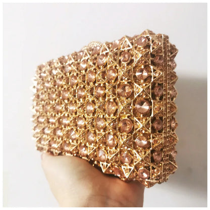Woman Gold Champagne Elegant Diamond Party Handbag Hollow Out Crystal Stone Evening Purse Wedding Bridal Rhinestone Clutch Bag