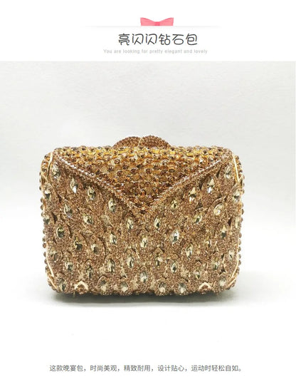 Woman Gold Diamond Party Envelope Shape Handbag Hollow Out Elegant Crystal Purse Wedding Bridal Female Banquet Cocktail Prom Bag