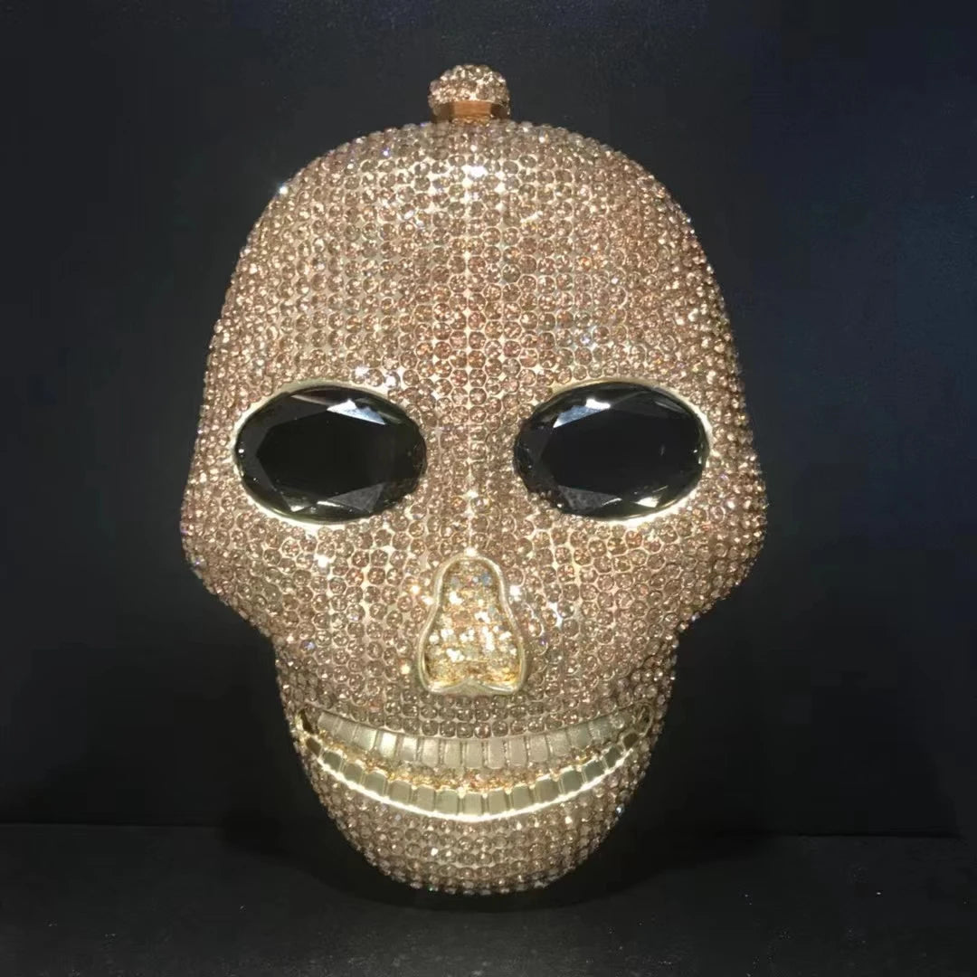 Woman Gold Diamond Skull Shape Party Bag Crystal Birthday Dinner Cocktail Prom Clutch Purse Ladies Wedding Bridal Stone Handbag