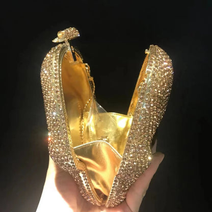 Woman Gold Diamond Skull Shape Party Bag Crystal Birthday Dinner Cocktail Prom Clutch Purse Ladies Wedding Bridal Stone Handbag