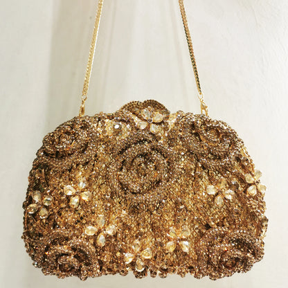 Woman Gold Flower Hollow Out Crystal Evening Bag Banquet Dinner Party Flower New Arrival Handbag Wedding Bridal Diamond Purse