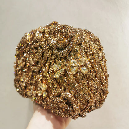 Woman Gold Flower Hollow Out Crystal Evening Bag Banquet Dinner Party Flower New Arrival Handbag Wedding Bridal Diamond Purse
