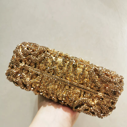 Woman Gold Flower Hollow Out Crystal Evening Bag Banquet Dinner Party Flower New Arrival Handbag Wedding Bridal Diamond Purse