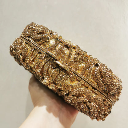 Woman Gold Flower Hollow Out Crystal Evening Bag Banquet Dinner Party Flower New Arrival Handbag Wedding Bridal Diamond Purse