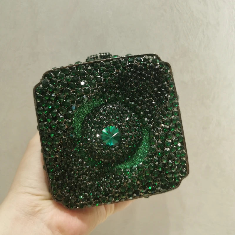 Woman Gold Green Hollow Out Diamond Party Handbag Mini Shape Metal Crystal Evening Purse Wedding Bridal Dinner Birthday Prom Bag