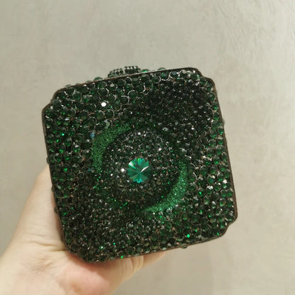 Woman Gold Green Hollow Out Diamond Party Handbag Mini Shape Metal Crystal Evening Purse Wedding Bridal Dinner Birthday Prom Bag