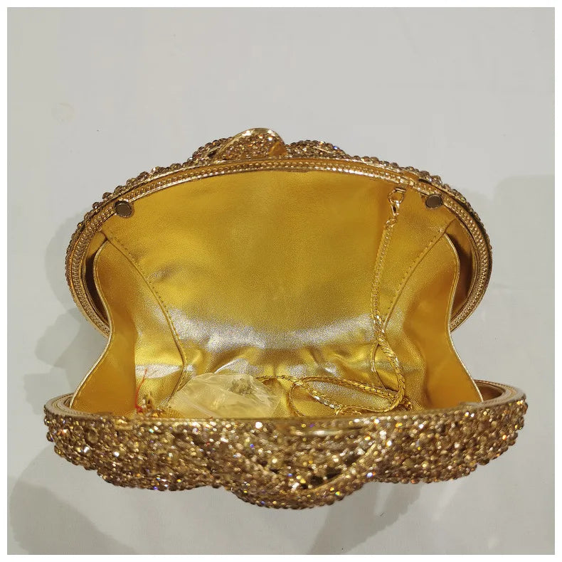 Woman Gold Hollow Snake Diamond Cocktail Party Handbag Crystal Stones Prom Evening Purse Wedding Bridal Rhinestone Banquet Bag