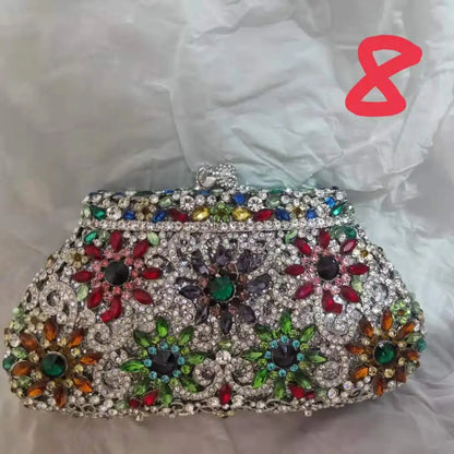 Woman Gold Multicolored Diamond Clutch Evening Purse Wedding Bridal Rhinestone Cocktail Flower Bag Party Floral Crystal Handbag