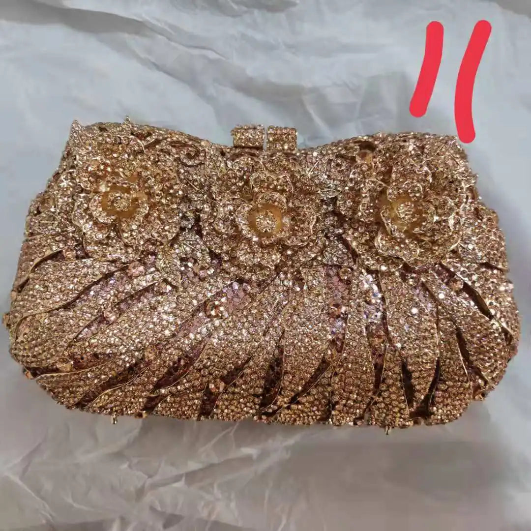 Woman Gold Pink Champagne Diamond Clutch Flower Shape Hollow Out Evening Purse Wedding Bridal Floral Bag Party Crystal Handbag