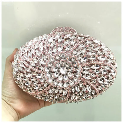 Woman Gold Pink Champagne Flower Clutch Floral Diamond Party Handbag Crystal Hollow Evening Purse Wedding Bridal Rhinestone Bag