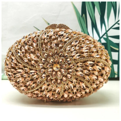 Woman Gold Pink Champagne Flower Clutch Floral Diamond Party Handbag Crystal Hollow Evening Purse Wedding Bridal Rhinestone Bag