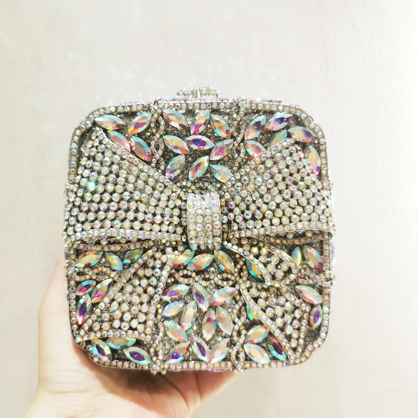 Woman Gold Red Silver AB Colorful Dinner Purse Bow Square Shape Party Diamond Evening Bag Wedding Bridal Crystal Banquet Handbag