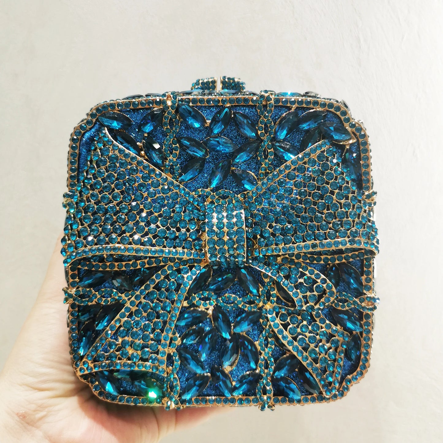 Woman Gold Red Silver AB Colorful Dinner Purse Bow Square Shape Party Diamond Evening Bag Wedding Bridal Crystal Banquet Handbag
