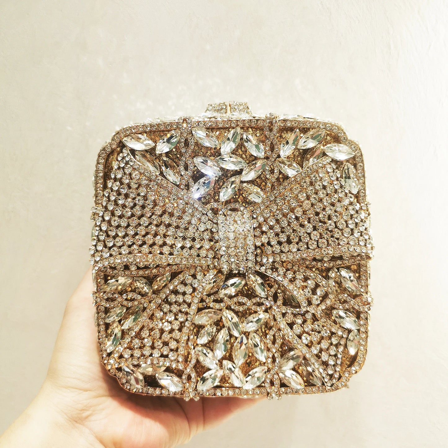 Woman Gold Red Silver AB Colorful Dinner Purse Bow Square Shape Party Diamond Evening Bag Wedding Bridal Crystal Banquet Handbag