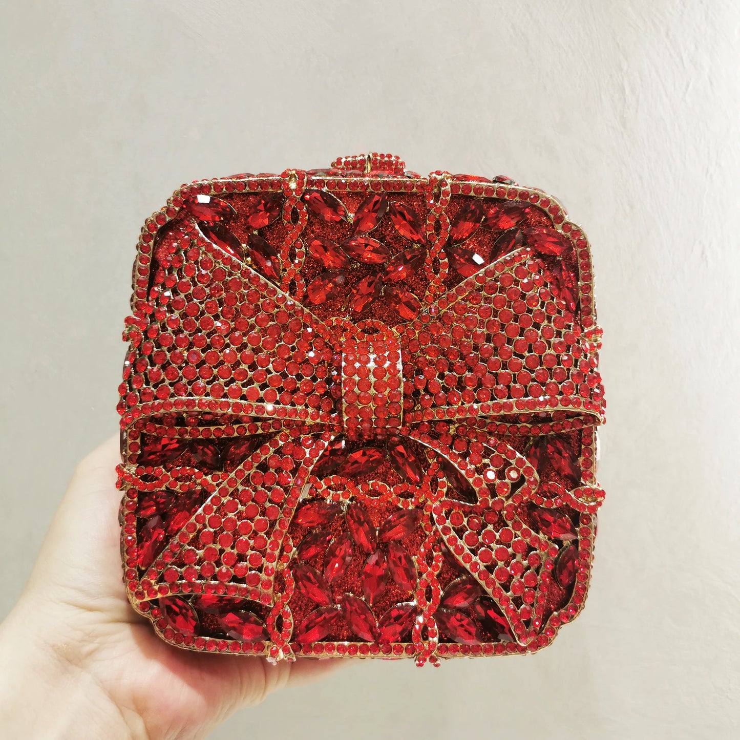 Woman Gold Red Silver AB Colorful Dinner Purse Bow Square Shape Party Diamond Evening Bag Wedding Bridal Crystal Banquet Handbag