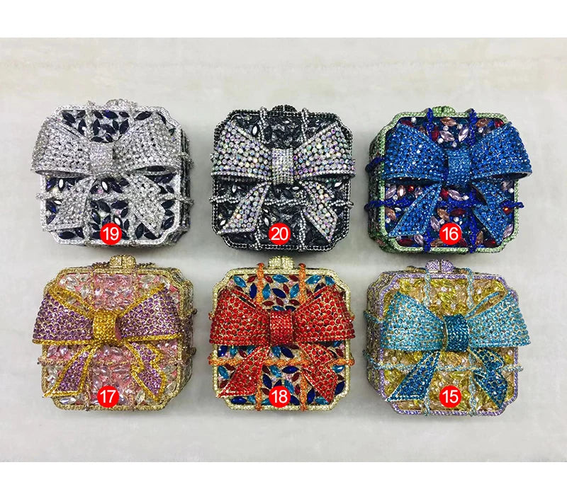 Woman Gold Red Silver AB Colorful Dinner Purse Bow Square Shape Party Diamond Evening Bag Wedding Bridal Crystal Banquet Handbag