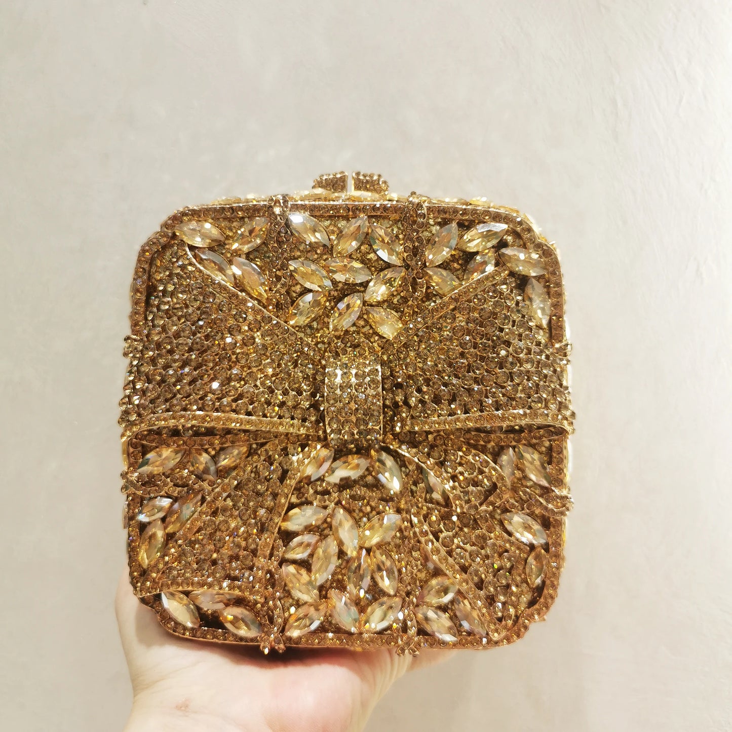 Woman Gold Red Silver AB Colorful Dinner Purse Bow Square Shape Party Diamond Evening Bag Wedding Bridal Crystal Banquet Handbag