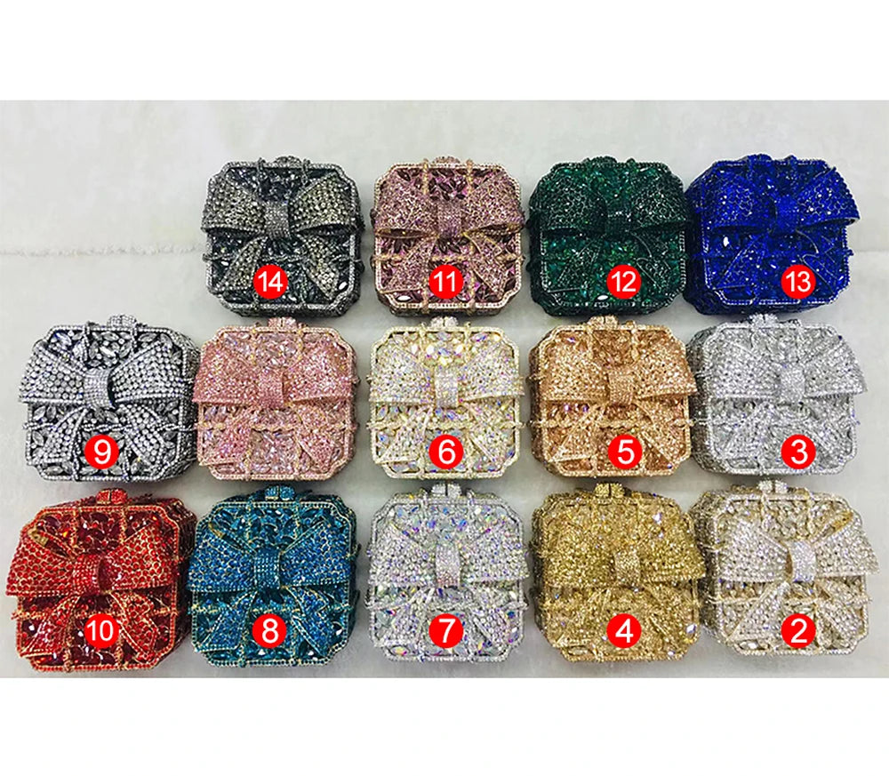 Woman Gold Red Silver AB Colorful Dinner Purse Bow Square Shape Party Diamond Evening Bag Wedding Bridal Crystal Banquet Handbag