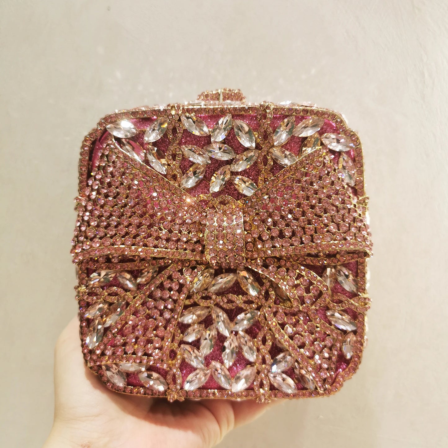 Woman Gold Red Silver AB Colorful Dinner Purse Bow Square Shape Party Diamond Evening Bag Wedding Bridal Crystal Banquet Handbag