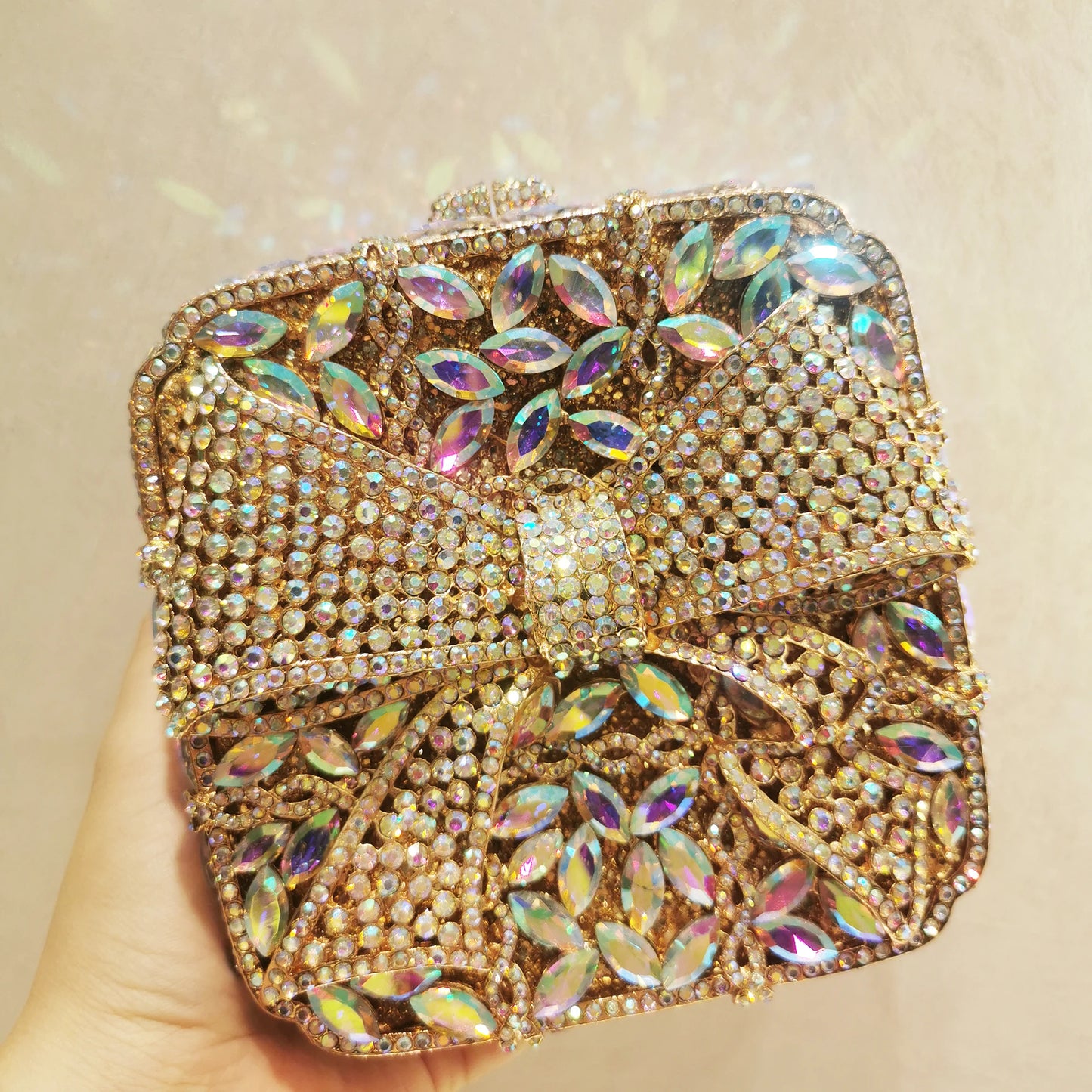Woman Gold Red Silver AB Colorful Dinner Purse Bow Square Shape Party Diamond Evening Bag Wedding Bridal Crystal Banquet Handbag