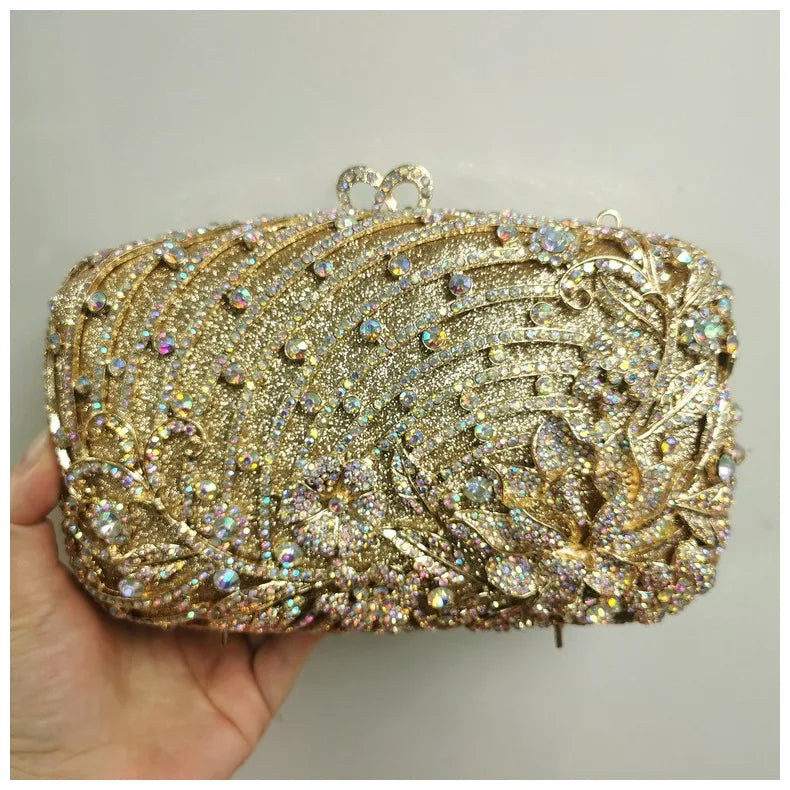 Woman Gold Silver AB Champagne Diamond Party Handbag Hollow Out Flower Crystal Purse Wedding Bridal Banquet Cocktail Floral Bag
