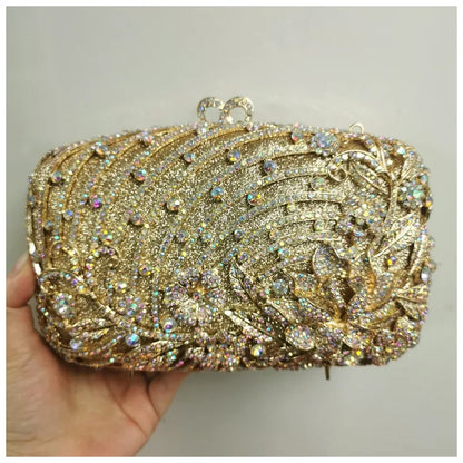 Woman Gold Silver AB Champagne Diamond Party Handbag Hollow Out Flower Crystal Purse Wedding Bridal Banquet Cocktail Floral Bag