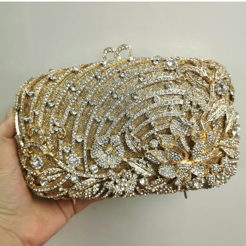 Woman Gold Silver AB Champagne Diamond Party Handbag Hollow Out Flower Crystal Purse Wedding Bridal Banquet Cocktail Floral Bag